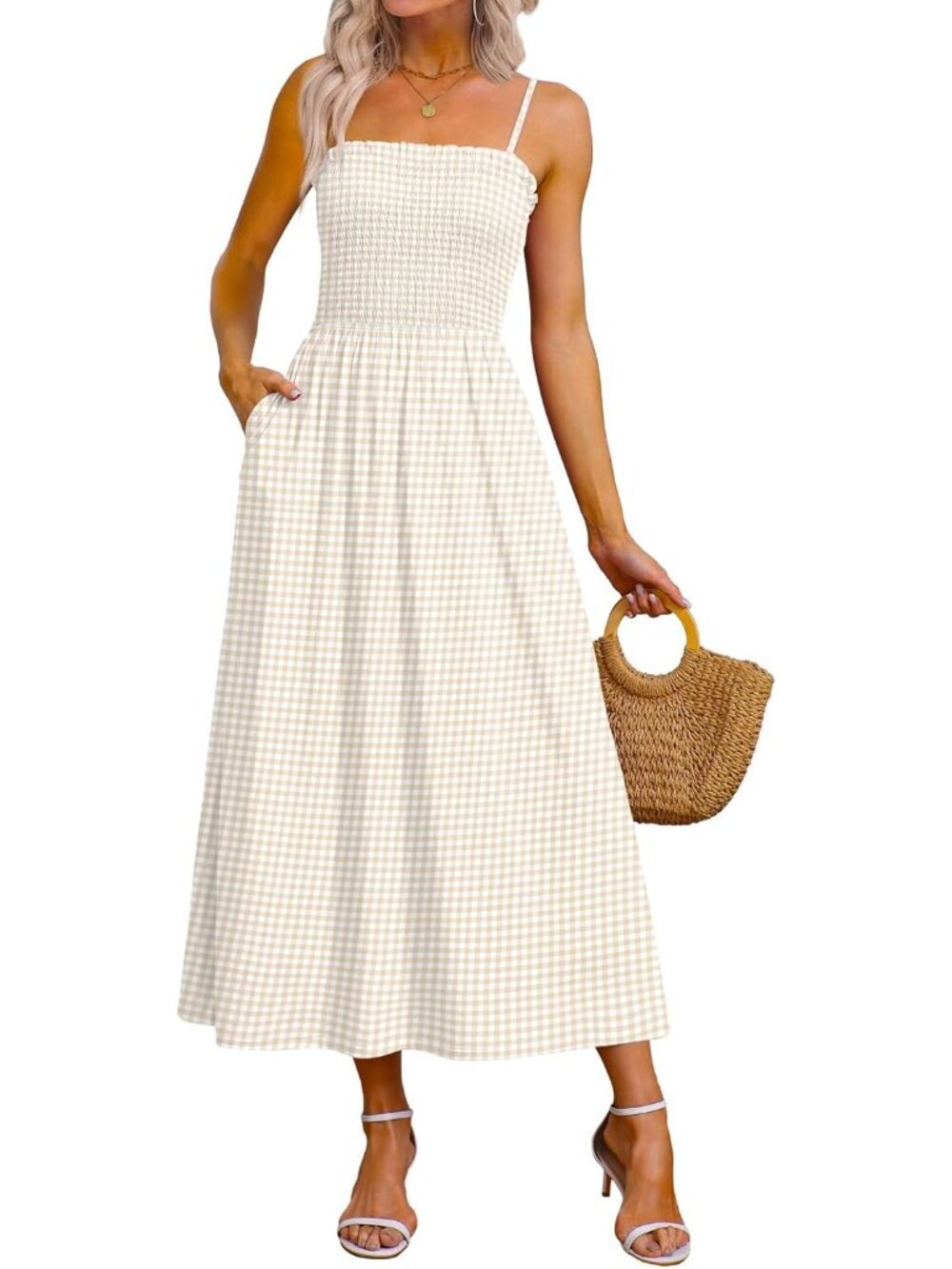 Women's Khaki Gingham Spaghetti Strap Smocked Casual Boho Beach Long Maxi Dress